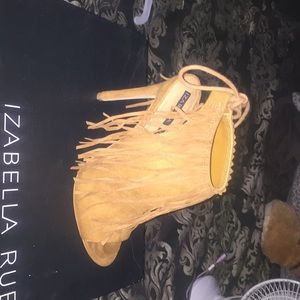 Tan colored, fringe open/tie back ankle heel